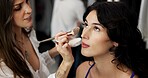 Preparation, beautician and makeup for model, set and behind the scenes for photoshoot and creative. Getting ready, women and people with cosmetics for makeover, production and artistic routine