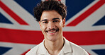 Happy, British and portrait of man with flag for country pride, confidence and loyalty. Union Jack, United kingdom and face of person smile with symbol for nationality, citizenship and patriotism
