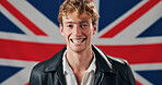 Laughing, native and portrait of happy man with British flag, confidence and country loyalty. Britain, funny joke or proud person with United Kingdom symbol for nationality, citizenship or patriotism