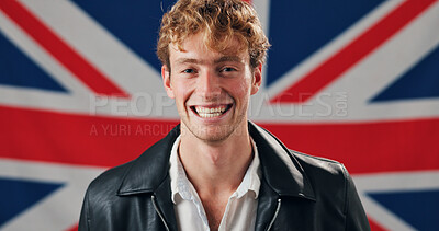 Buy stock photo Laughing, native and portrait of happy man with British flag, confidence and country loyalty. Britain, funny joke or proud person with United Kingdom symbol for nationality, citizenship or patriotism