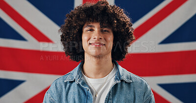 Buy stock photo Happy, British flag and portrait of man with smile with country pride, confidence and loyalty. Union Jack, United kingdom and face of person with symbol for nationality, citizenship and patriotism