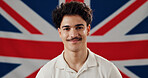 British flag, patriot and portrait of proud man with identity, confidence or smile for loyalty. Britain, UK or English person with United Kingdom symbol for nationality, citizenship or patriotism