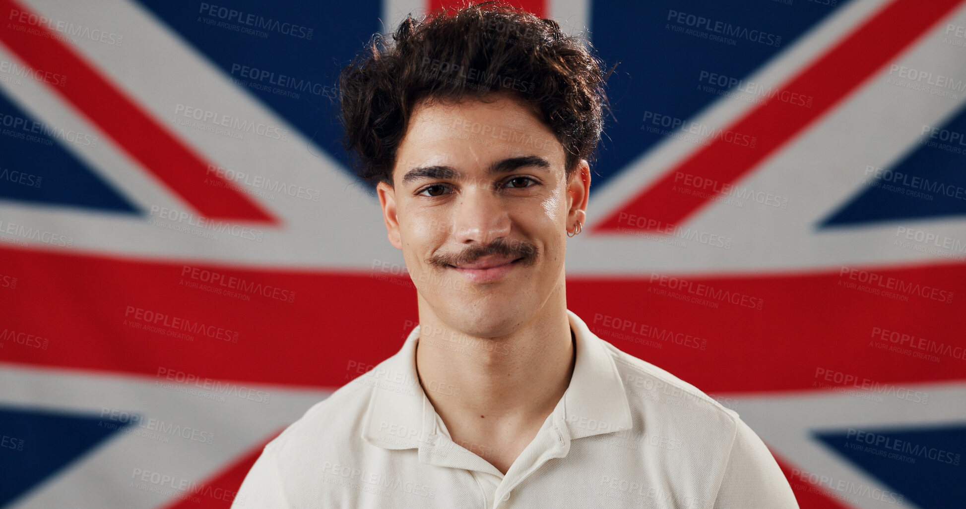 Buy stock photo British flag, patriot and portrait of proud man with identity, confidence or smile for loyalty. Britain, UK or English person with United Kingdom symbol for nationality, citizenship or patriotism