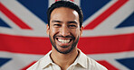 Identity, native and portrait of happy man with British flag, confidence and country loyalty. Britain, voter or proud male person with United Kingdom symbol for nationality, citizenship or patriotism