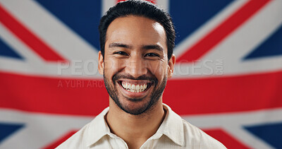 Buy stock photo Identity, native and portrait of happy man with British flag, confidence and country loyalty. Britain, voter or proud male person with United Kingdom symbol for nationality, citizenship or patriotism