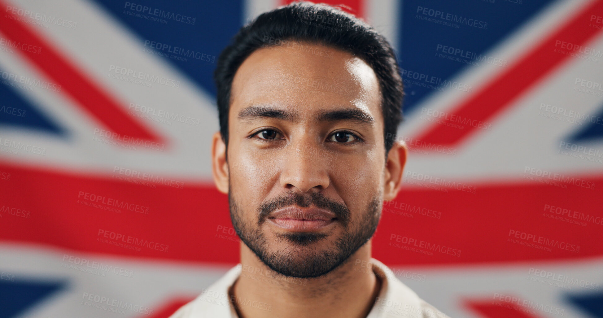 Buy stock photo Portrait, confident and man with British flag for pride, culture and government elections. Face, person and country banner for loyalty, national patriotism and voter with union jack in United Kingdom