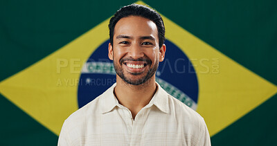 Buy stock photo Brazil, flag and man with pride for country, portrait or symbol for citizenship, vote or patriotic. Political, person and representative for nation, confident and support for patriotism and identity