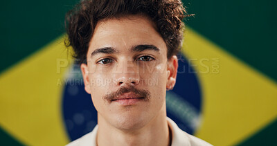 Buy stock photo Brazil flag, portrait and man with symbol for country, confident or vote for citizenship or holiday. Political, person and representative for nation, pride or support for patriotism and identity