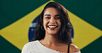 Brazil, happy and portrait of woman with flag for national pride, support and citizenship. Patriot, person and smile with Brazilian banner for symbol of identity, loyalty and culture of independence