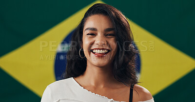 Buy stock photo Brazil, happy and portrait of woman with flag for national pride, support and citizenship. Patriot, person and smile with Brazilian banner for symbol of identity, loyalty and culture of independence