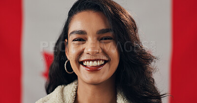 Buy stock photo Canada, happy and portrait of woman with flag for national pride, heritage and citizenship. Patriot, person and smile with Canadian banner for symbol of identity, support and emblem of independence