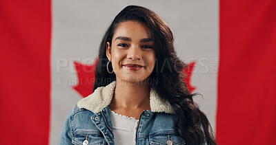 Buy stock photo Canadian, happy and portrait of woman with flag for national history, heritage and citizenship. Patriot, person and pride with country banner for Canada day event, icon and symbol of independence