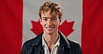 Man, portrait and Canada flag with smile, confidence and country or nationality for citizenship. Happiness, male person and heritage with pride, symbol or emblem for patriotic origin or nation day
