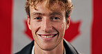 Happy man, portrait and Canada flag with smile, confidence and country or nationality for citizenship. Culture, person and heritage with pride, symbol or emblem for patriotic origin or nation day