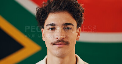 Buy stock photo Man, portrait and flag of South Africa with confidence, pride or country representative. Local, citizen face or banner of nation for support, political stance or freedom at symbol of nationality