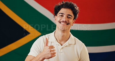 Buy stock photo South Africa, flag and portrait of happy man with thumbs up, confidence and country loyalty. Rainbow nation, heritage and proud person with African symbol for nationality, citizenship or patriotism