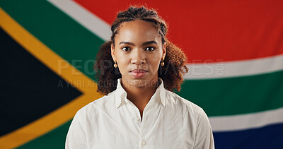 Buy stock photo Portrait, woman and South African flag for national pride, heritage and culture with support. Face, person and country banner for loyalty, patriotism and symbol for democracy with confident citizen