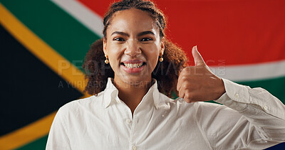 Buy stock photo South Africa, flag and portrait of happy woman with thumbs up, confidence and country loyalty. Rainbow nation, promote and proud African girl with yes sign for nationality, citizenship or patriotism