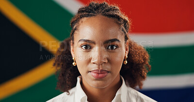 Buy stock photo Portrait, woman and South African flag for culture, heritage or national pride with support. Face, person and country banner for loyalty, patriotism and democracy of government with confident citizen