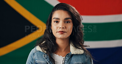 Buy stock photo Woman, portrait and flag of South Africa with pride, confidence or country representative. Local, citizen or banner of nation for support, political stance or heritage roots at symbol of nationality