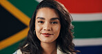 Portrait, woman and smile with flag of South Africa, national pride and cultural event for heritage. Happy, female person and symbol of democratic country, proud citizen and patriotism representative