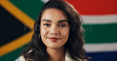 Buy stock photo Portrait, woman and smile with flag of South Africa, national pride and cultural event for heritage. Happy, female person and symbol of democratic country, proud citizen and patriotism representative