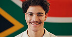 Portrait, happy and man with flag of South Africa, national loyalty and cultural event for heritage. Smile, male person and symbol of democratic country, proud citizen and patriotism representative