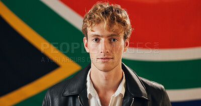 Buy stock photo Citizen, portrait and flag of South Africa with pride, confidence or country representative. Local, man or banner of nation for support, political stance or freedom of speech at symbol of nationality
