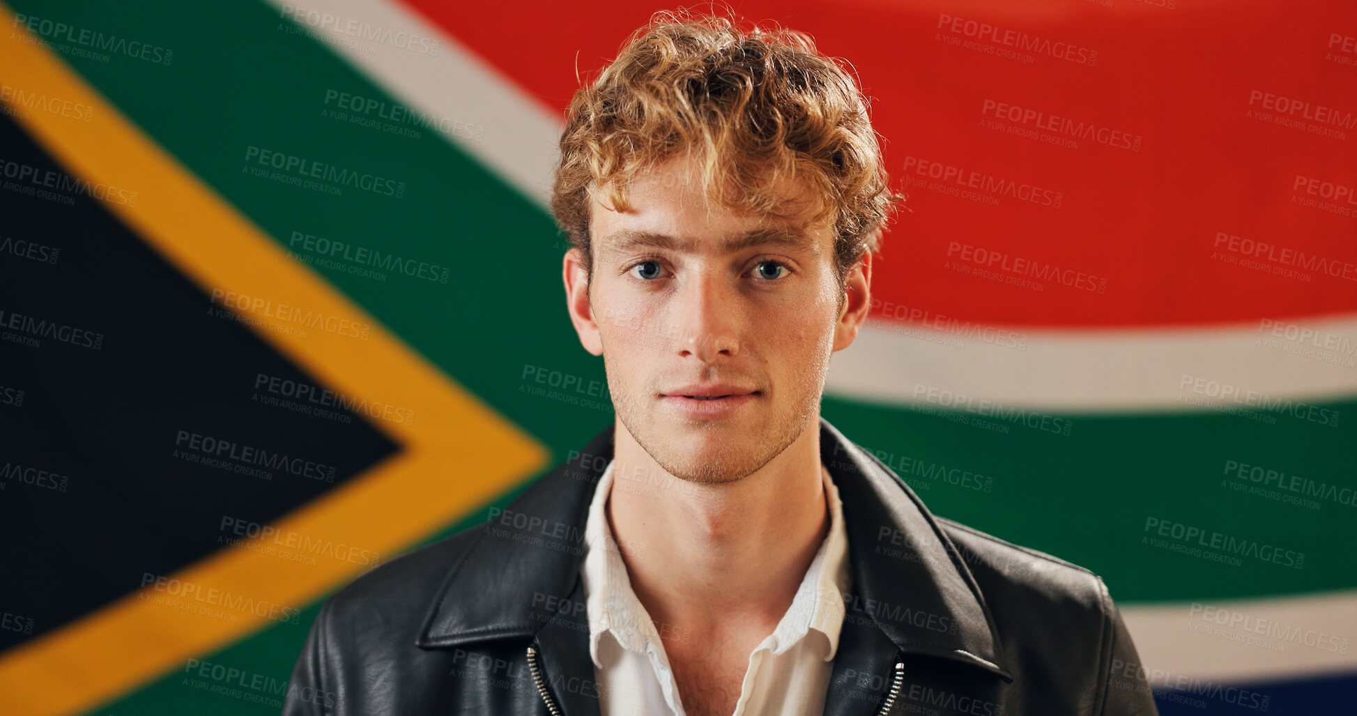 Buy stock photo Citizen, portrait and flag of South Africa with pride, confidence or country representative. Local, man or banner of nation for support, political stance or freedom of speech at symbol of nationality
