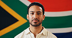 Man, portrait and flag of South Africa with pride, confidence or country representative. Local, citizen or banner of nation for support, political stance or freedom of speech at symbol of nationality
