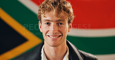 Buy stock photo Portrait, proud and man with flag of South Africa, national loyalty and cultural event for heritage. Happy, male person and symbol of democratic country, public citizen and patriotism representative