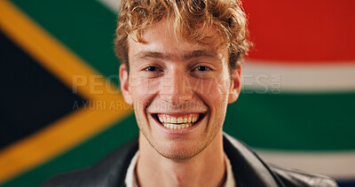 Buy stock photo South Africa, happy and portrait of man with flag for national citizenship, heritage and culture. Patriot, person and pride with country banner for symbol of human rights, democracy and independence