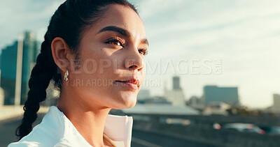 Buy stock photo Running, thinking and health with woman in city for reflection, fitness and workout. Exercise vision, sports challenge and marathon practice with person outdoor for performance, wellness and training