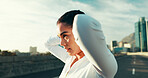 Running, thinking and fitness with woman in city for reflection, health and workout. Exercise vision, sports challenge and marathon practice with person outdoor for performance, wellness and training