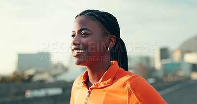 Buy stock photo Black woman, runner and thinking in city with smile for exercise, training or perspective on bridge. African person, happy and outdoor in town on urban road for workout, fitness and break in Nigeria