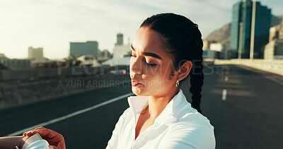 Buy stock photo Check, wristwatch and woman in city, fitness and performance report on app, progress and sportswear. Serious, athlete and person with tech for exercise, tracking and equipment for heart rate on web