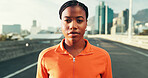 Serious, fitness and portrait of black woman in city for running, workout or training for marathon. Confident, sports and African female athlete from Kenya with cardio exercise on bridge in town.