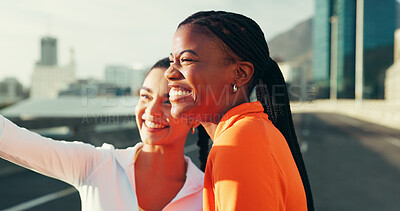 Buy stock photo Fitness, friends and happy women with selfie in city for social media post with sports influencer. Picture, smile and runner team outdoor for photo on street, memory or bonding together for wellness