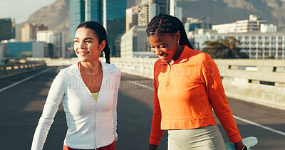 Buy stock photo Friends, stretching and women in city for fitness, running and workout for marathon training. Sports, happy and people in urban town with warm up for exercise, performance and active in morning