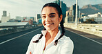 Smile, fitness and portrait of woman in city for running, workout or training for marathon. Confident, sports and face of female athlete from Brazil with cardio exercise on bridge in urban town.