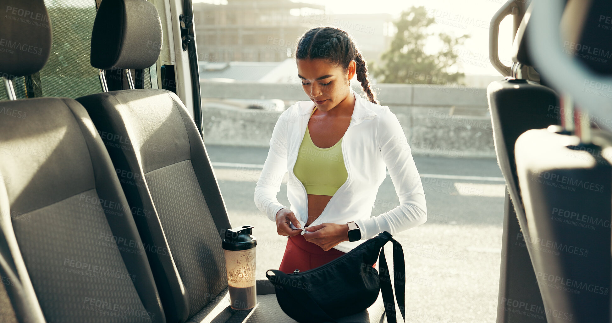 Buy stock photo Runner, getting ready and smoothie with woman in city for workout, protein shake and training. Health, energy and fitness drink with person and car for marathon exercise, sports and running athlete