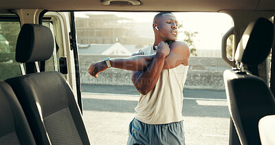 Buy stock photo Black man, fitness or stretching arm in city for workout preparation, exercise or physical activity. Active, male person or African athlete getting ready with warm up by car or vehicle for training
