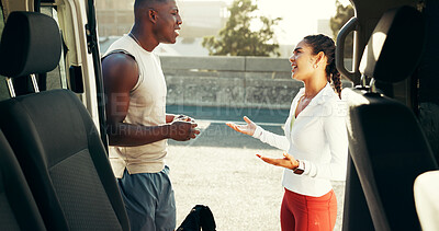 Buy stock photo Happy, people and talking for fitness outdoor or getting ready, workout and practice together in city. Active, friends and chat for sports preparation for exercise, training and bonding by vehicle
