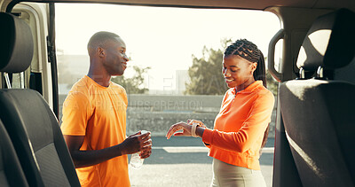 Buy stock photo Runner, personal trainer and team or couple in city for fitness club, smart watch and workout partner. Coaching, exercise stats and support with black man and woman with car for cardio and commitment