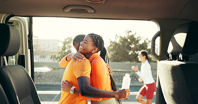 Buy stock photo Hug, fitness and happy couple in city for running, exercise and training in town for bonding. Morning, car and people in healthy relationship for embrace, workout and support for wellness or marathon