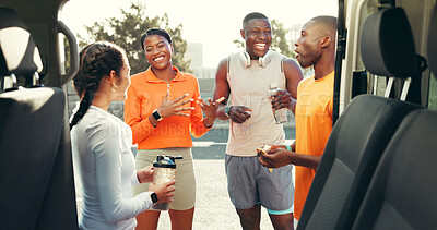 Buy stock photo Smile, group and people talk for fitness break, conversation and social gathering by car. Active, friends and discussion for recovery, funny gossip and workout snack for bonding together by vehicle