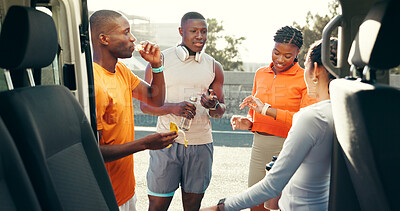 Buy stock photo Active, group and people talk for fitness break, conversation and check smart watch by car. Friends, chat and discussion of recovery, exercise state and workout snack for bonding together by vehicle
