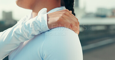 Buy stock photo Fitness, hand and woman in city with shoulder pain, muscle fatigue and tendon discomfort. Athlete, outdoor and joint tension in back from accident injury, overexertion and sprain with inflammation
