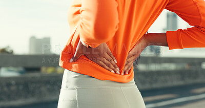 Buy stock photo Fitness, hands and woman in city with back pain, muscle fatigue and sprain from overexertion. Runner, stretching and outdoor with physical ache, sciatica symptoms or repetitive stress injury in spine