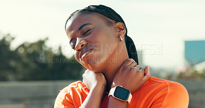 Buy stock photo Fitness, workout and black woman in city with neck pain, injury or accident with running or training. Sports, discomfort and athlete with muscle sprain, inflammation or bruise for cardio exercise.